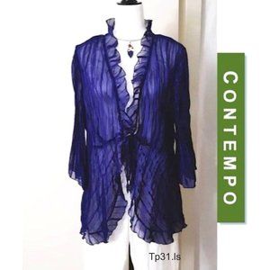 CONTEMPO Sheer Tunic Top Purple Blue Ruffled Front+Back Tie Bell Sleeve Stretchy